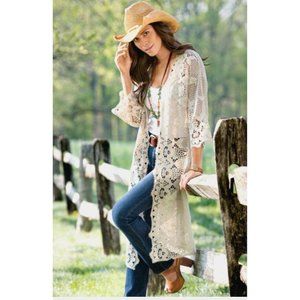 Soft Surroundings Crochet Peach Nude Lace Duster Kimono Large